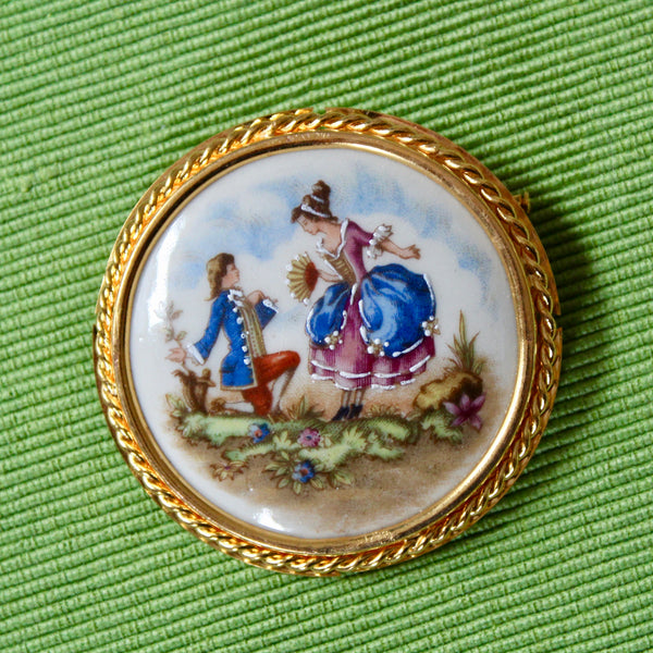 Romantic Couple French Porcelain Gold Kneeling Brooch