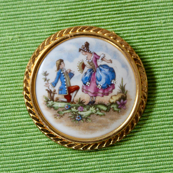 Romantic Couple French Porcelain Gold Kneeling Brooch