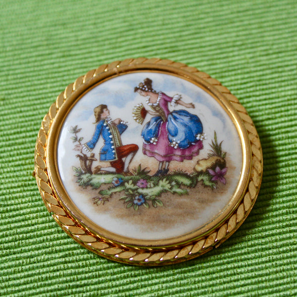 Romantic Couple French Porcelain Gold Kneeling Brooch