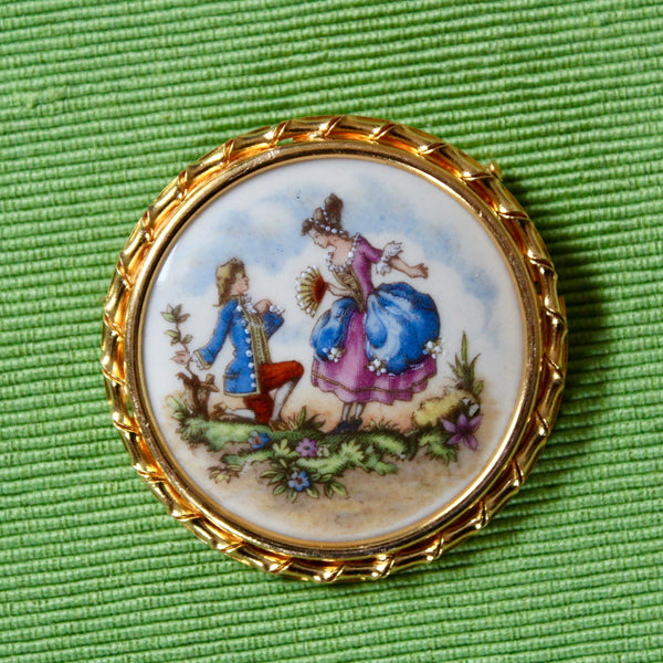 Romantic Couple French Porcelain Gold Kneeling Brooch