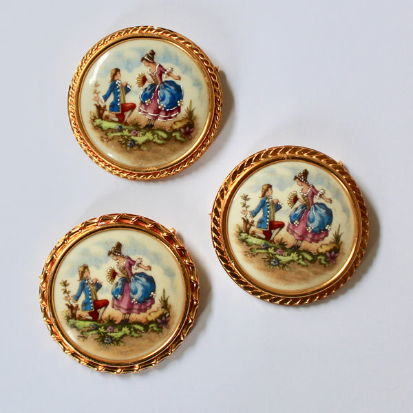 Romantic Couple French Porcelain Gold Kneeling Brooch