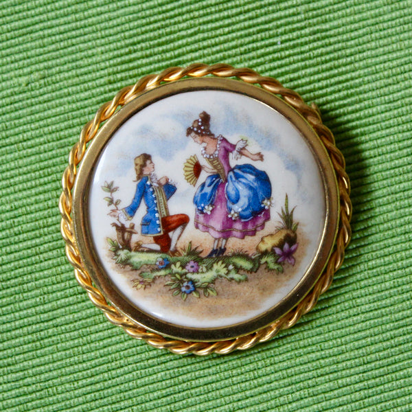 Romantic Couple French Porcelain Gold Kneeling Rope Twist Frame Brooch