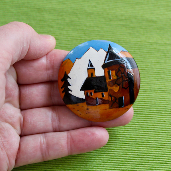 Wooden Alpine Village Brooch