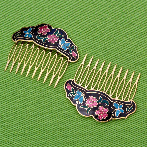 Cloisonné Rose and Butterfly Hair Comb