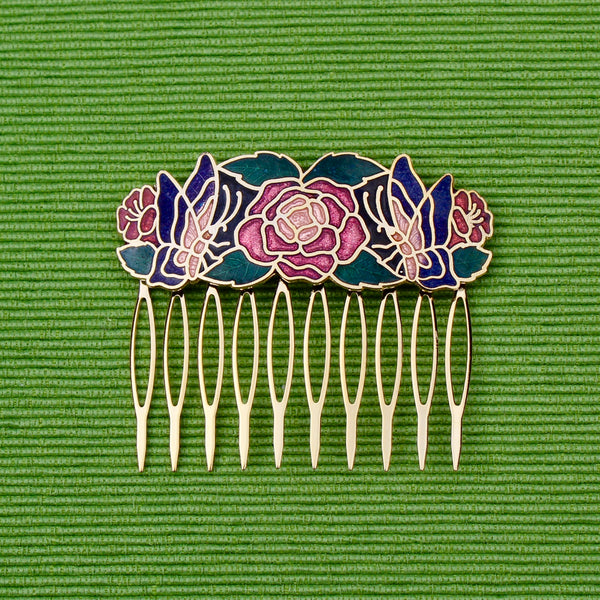 Cloisonné Two Butterflies and One Rose Hair Comb