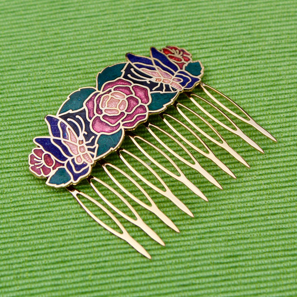 Cloisonné Two Butterflies and One Rose Hair Comb