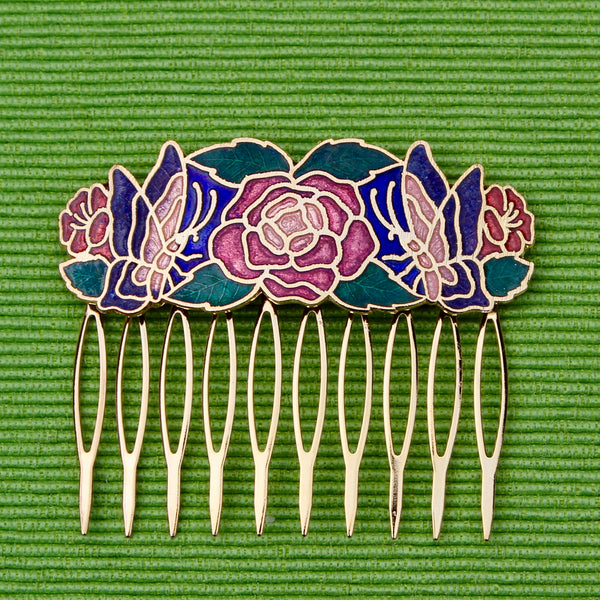 Cloisonné Two Butterflies and One Rose Hair Comb