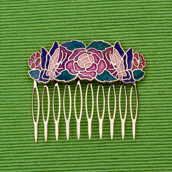 Cloisonné Two Butterflies and One Rose Hair Comb