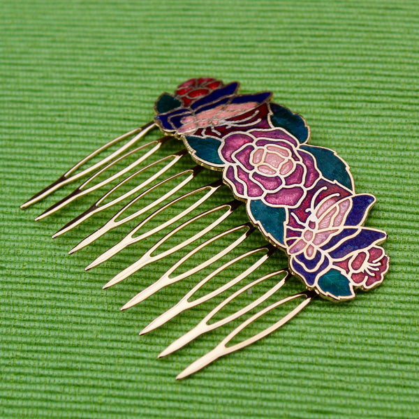 Cloisonné Two Butterflies and One Rose Hair Comb
