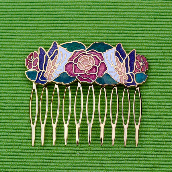 Cloisonné Two Butterflies and One Rose Hair Comb