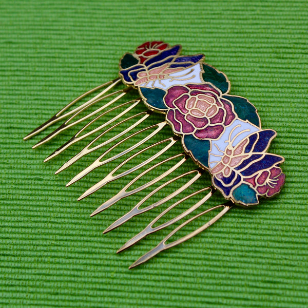 Cloisonné Two Butterflies and One Rose Hair Comb