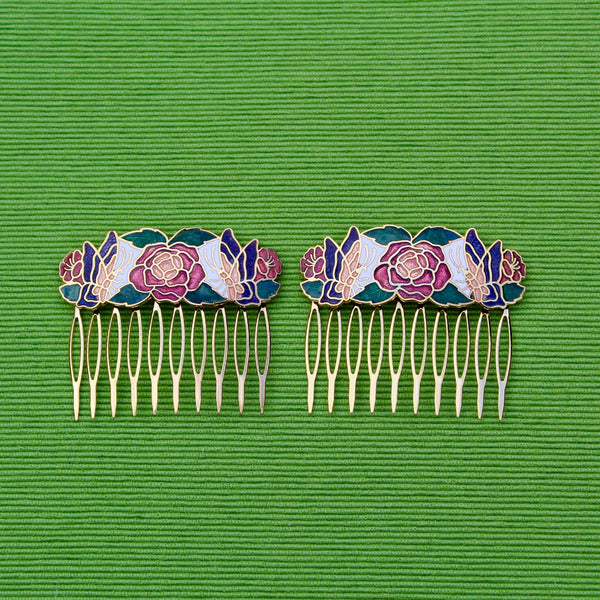 Cloisonné Two Butterflies and One Rose Hair Comb