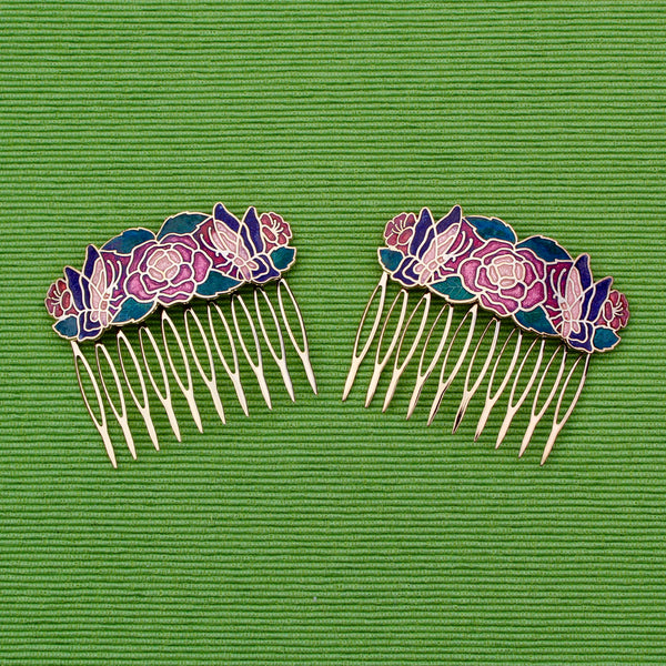 Cloisonné Two Butterflies and One Rose Hair Comb
