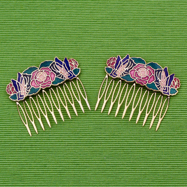 Cloisonné Two Butterflies and One Rose Hair Comb
