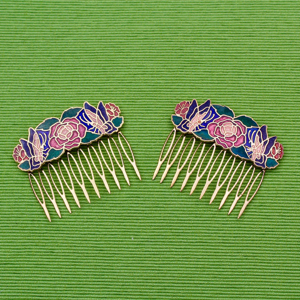Cloisonné Two Butterflies and One Rose Hair Comb