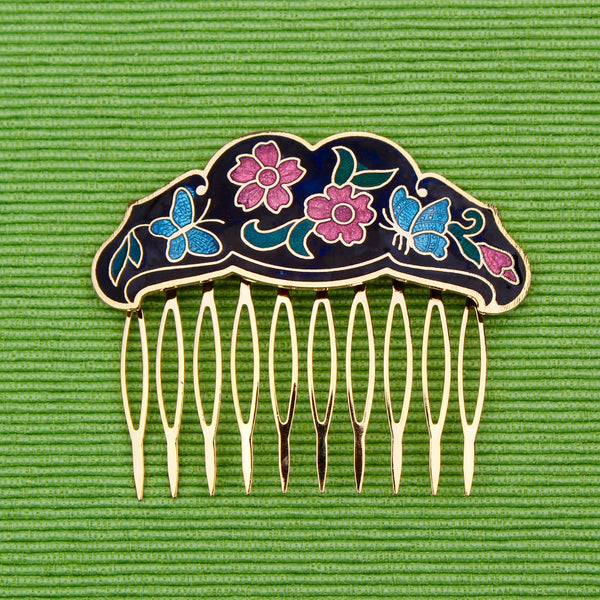 Cloisonné Rose and Butterfly Hair Comb