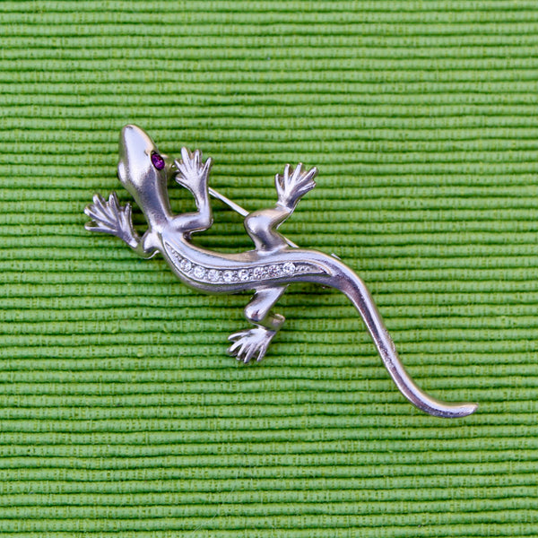 Silver Rhinestone Lizard Brooch