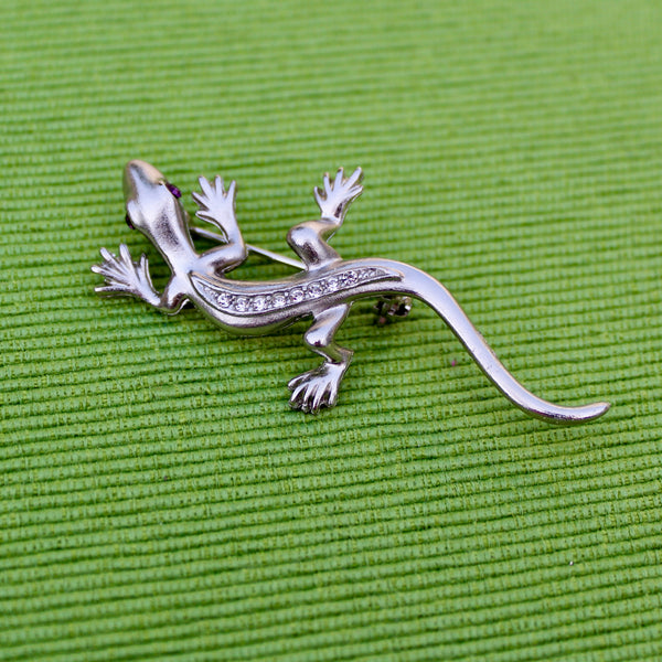 Silver Rhinestone Lizard Brooch