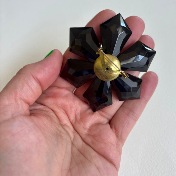 1960s Black Acrylic Flower Brooch