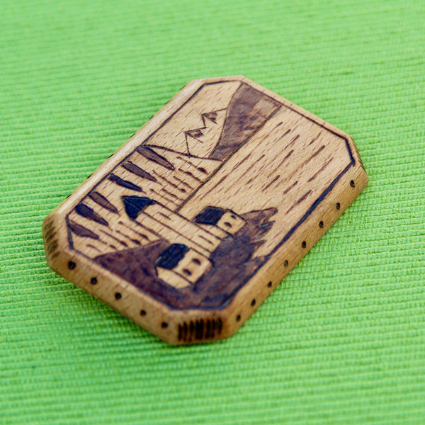 Wooden Lakeside Village Brooch