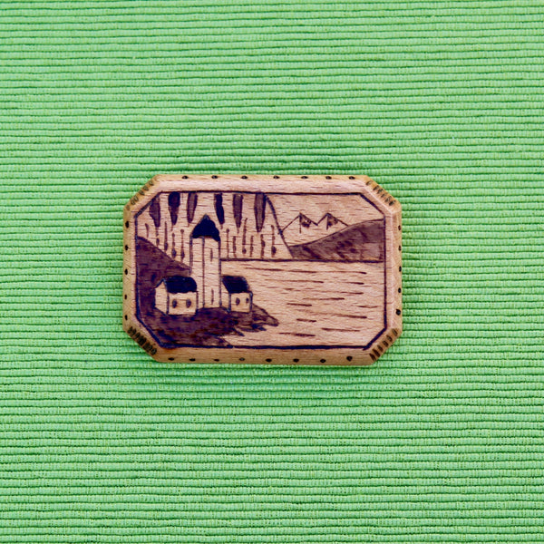 Wooden Lakeside Village Brooch