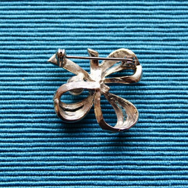 Silver Rhinestone Pearl Bow Brooch