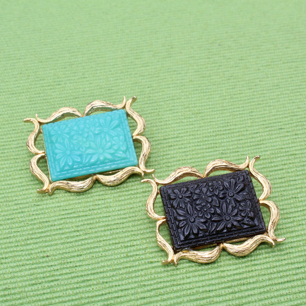 Black Floral Rectangle Brooch