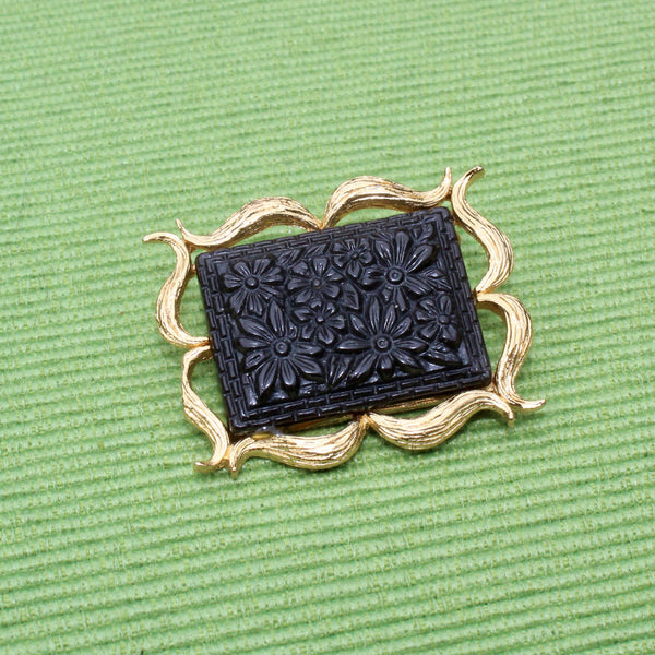 Black Floral Rectangle Brooch