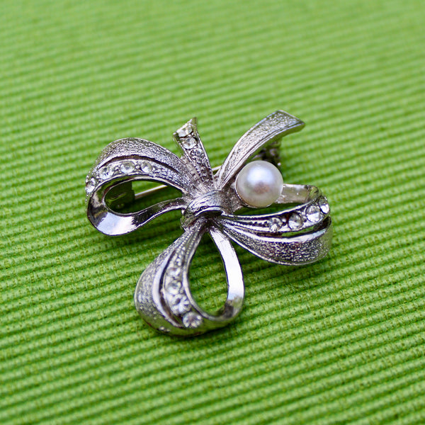 Silver Rhinestone Pearl Bow Brooch