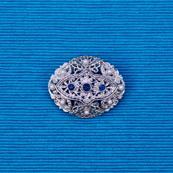 Blue Silver Filigree Oval Brooch