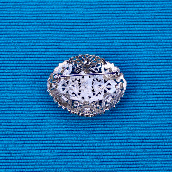 Blue Silver Filigree Oval Brooch