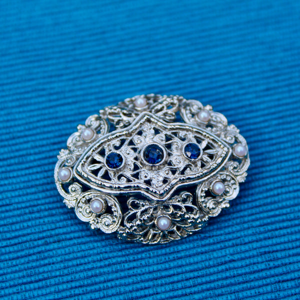 Blue Silver Filigree Oval Brooch