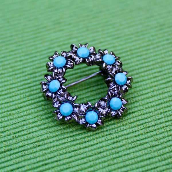 Turquoise and Silver Wreath Brooch