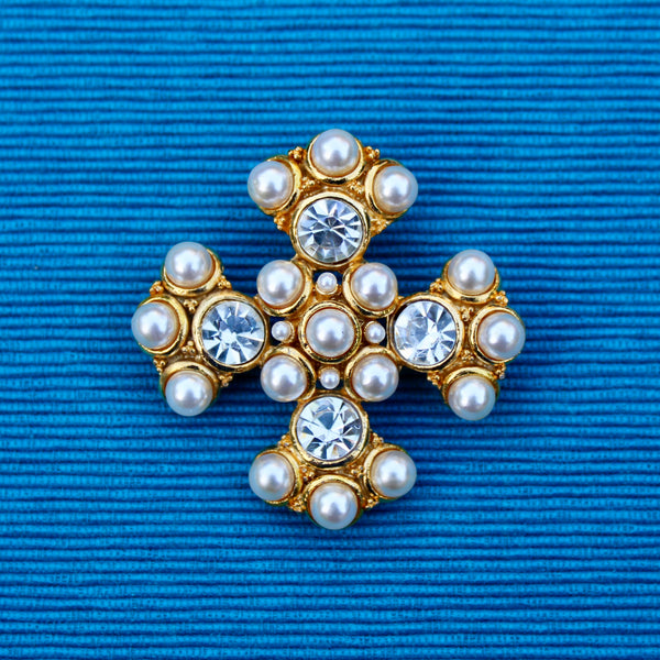 Rhinestone and Pearl Cross Brooch