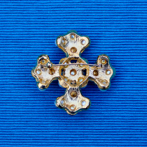 Rhinestone and Pearl Cross Brooch