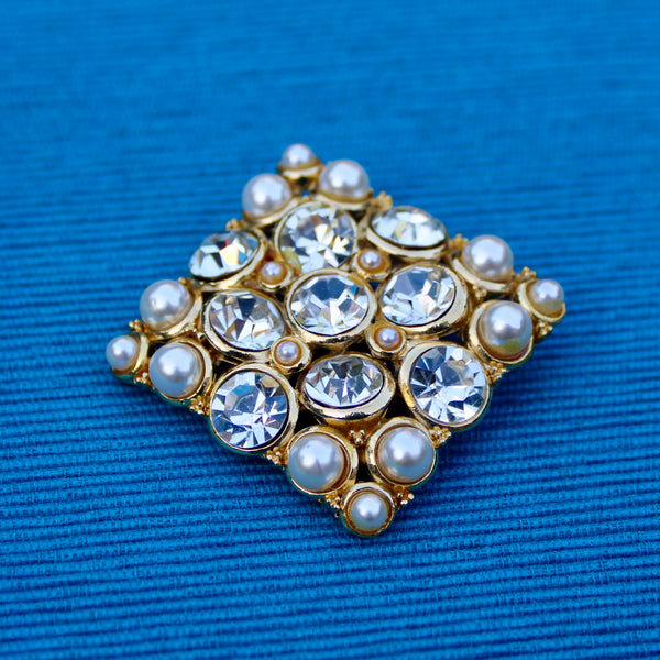 Pearl and Rhinestone Diamond Brooch