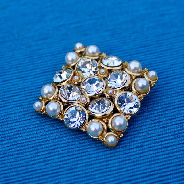 Pearl and Rhinestone Diamond Brooch