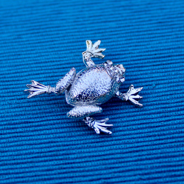 Silver Rhinestone Frog Brooch