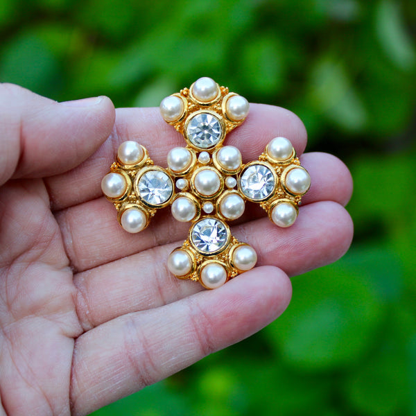 Rhinestone and Pearl Cross Brooch