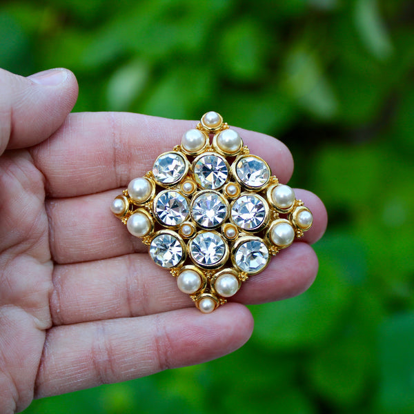 Pearl and Rhinestone Diamond Brooch