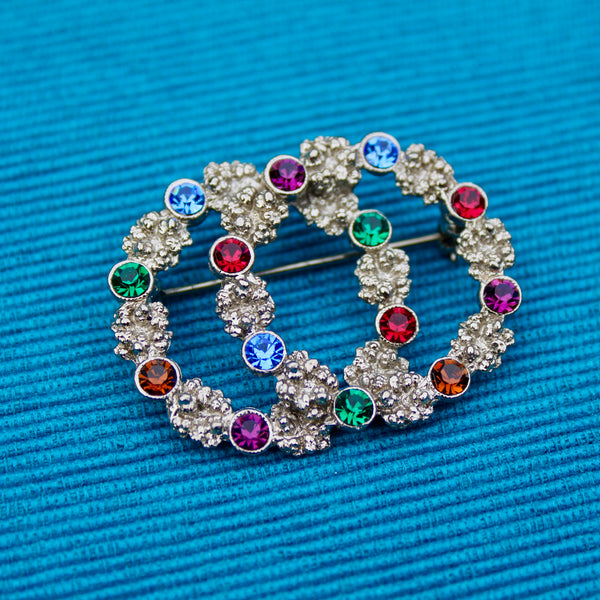 Multi Colour Double Wreath Silver Brooch