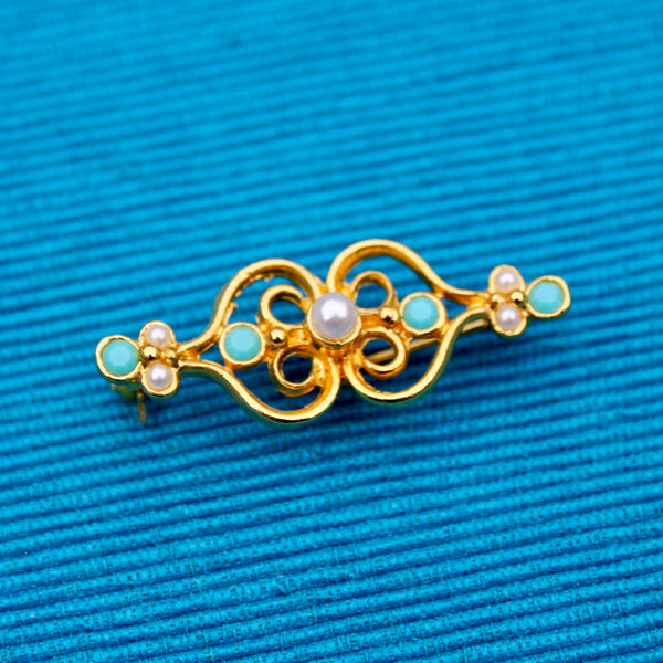 Turquoise Pearl Filigree Brooch