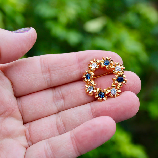 Blue and Clear Wreath Brooch