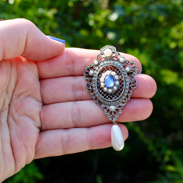 Silver Blue and Pearl Regency Drop Brooch