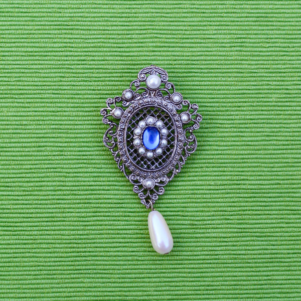 Silver Blue and Pearl Regency Drop Brooch