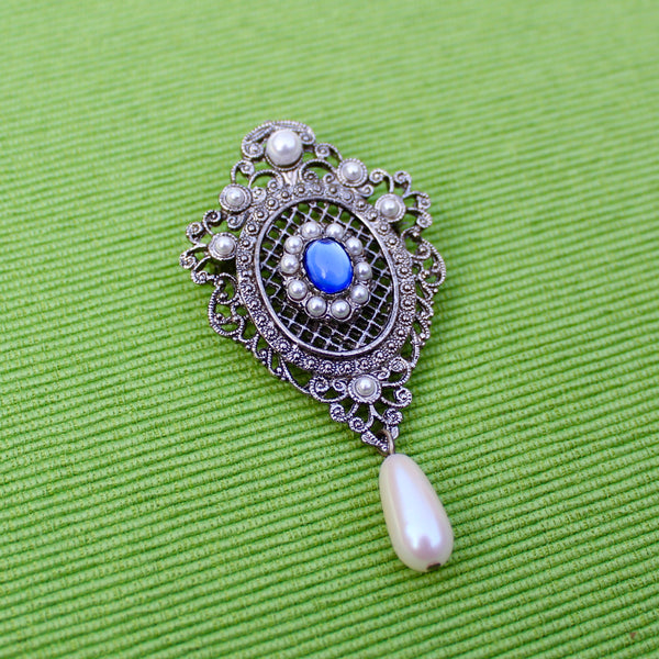 Silver Blue and Pearl Regency Drop Brooch