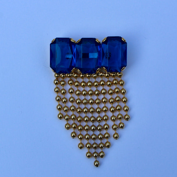 80s Deco Blue Brooch with Chains