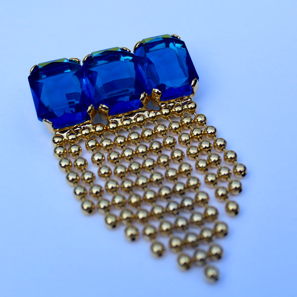 80s Deco Blue Brooch with Chains