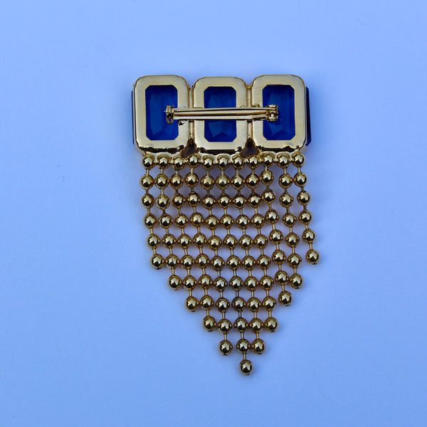 80s Deco Blue Brooch with Chains