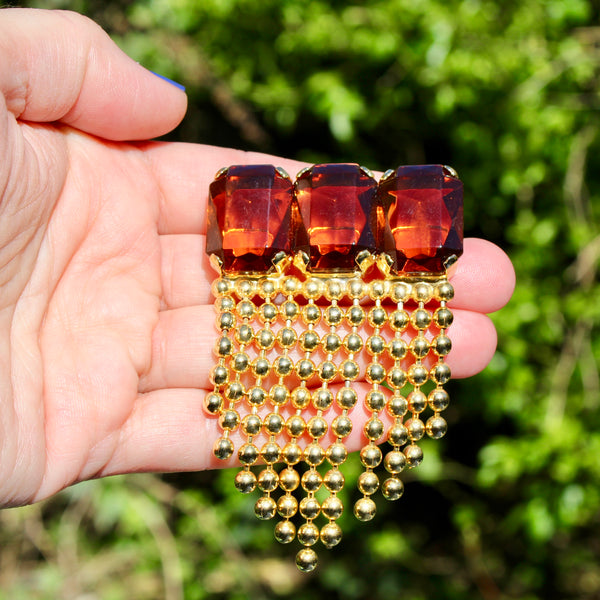 80s Deco Topaz Brooch with Chains